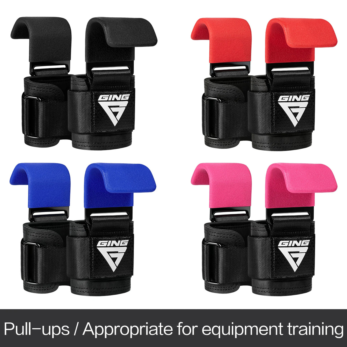 Set of heavy duty weight lifting hooks with wrist wraps in black, red, and blue colors.