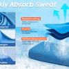 Stapel blaue Mikrofaser-Fitnesshandtücher mit weichem Material, leichtem Design und Atmungsaktivität.