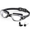 A pair of clear swimming goggles with a black strap and interchangeable silicone nose pieces.