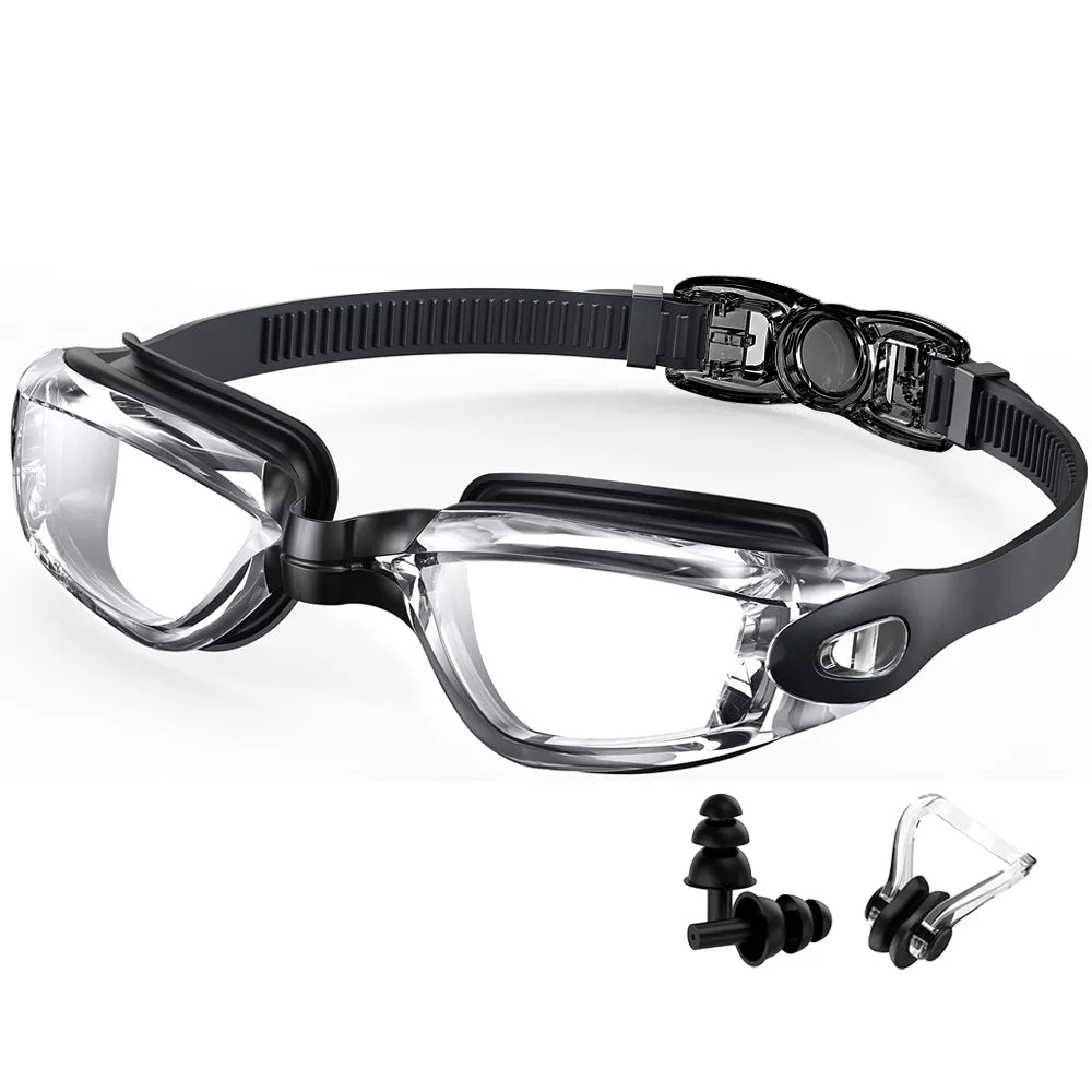 A pair of clear swimming goggles with a black strap and interchangeable silicone nose pieces.