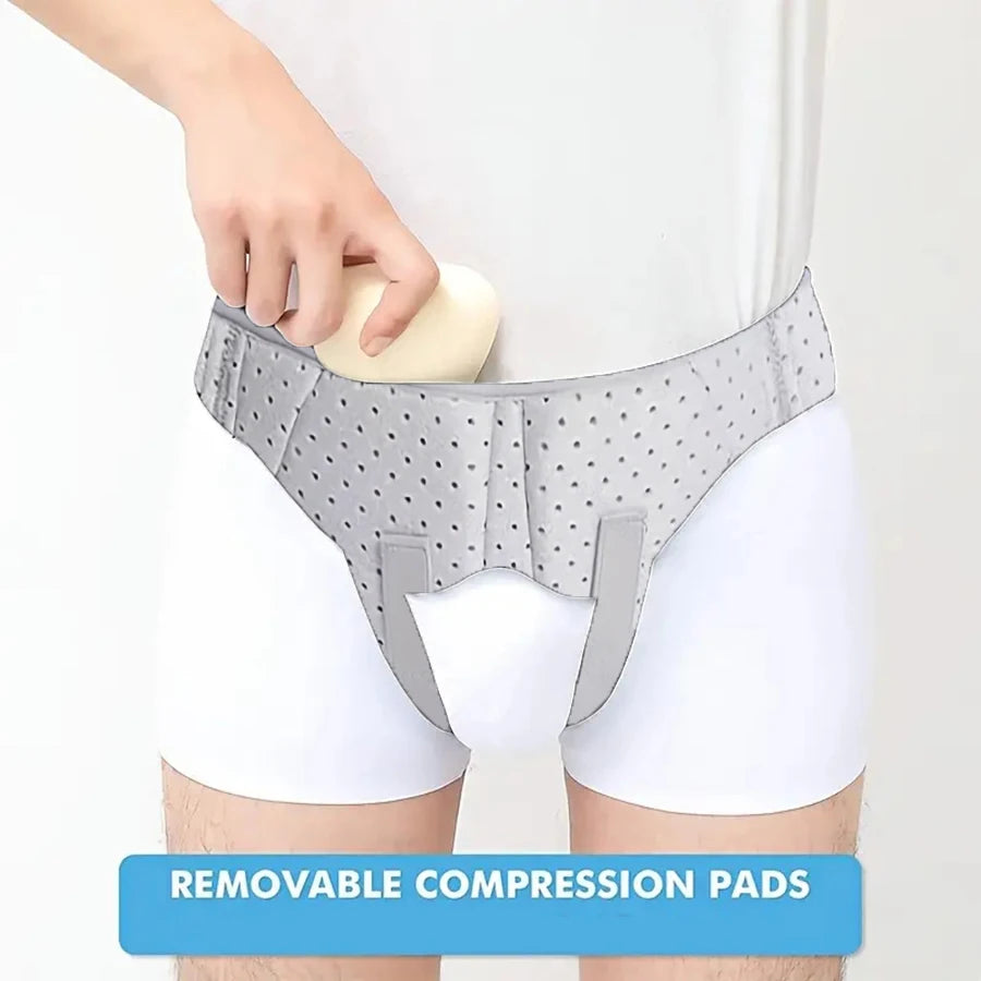 A person is shown wearing a gray hernia support belt for post-surgery recovery on their lower abdomen.
