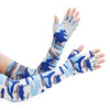 A hand wearing camouflage patterned arm sleeves and a wrist cuff.