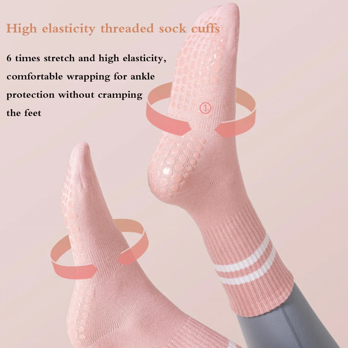 Pink high elasticity threaded sock cuffs protecting the ankle for comfortable wrapping.