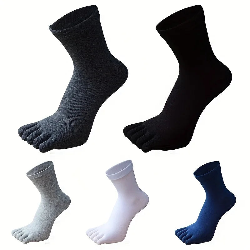 A set of five men's breathable cotton split toe socks in various shades of gray, black, and blue.