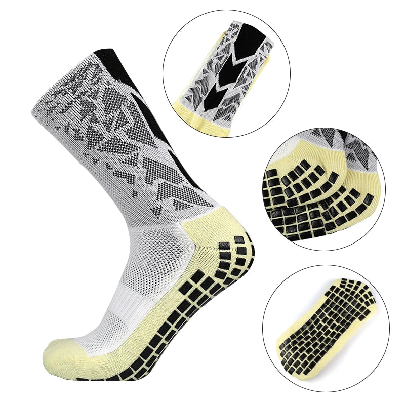 Anti-slip training socks shown in various views, highlighting the patterned fabric and sole design.