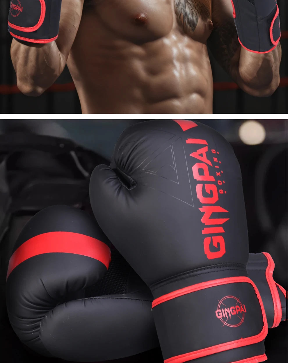 A pair of black boxing training gloves with red accents shown in a close-up view.