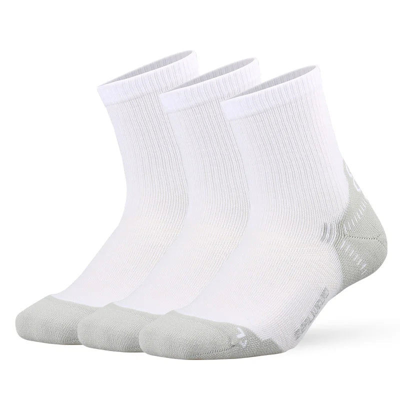 A set of white and gray breathable performance running socks displayed together.