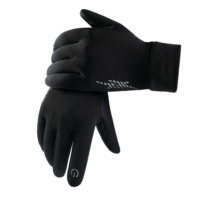 Black thermal windproof winter gloves shown from the palm side