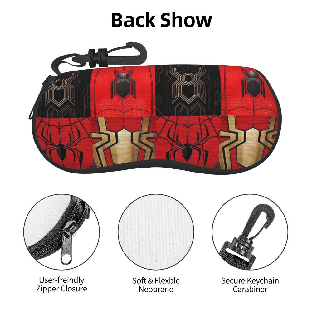 Back show of a red and black spider web themed pouch featuring a zipper closure and keychain carabiner.