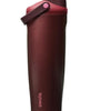 A dark reddish-brown insulated stainless steel travel mug with a pink lid.
