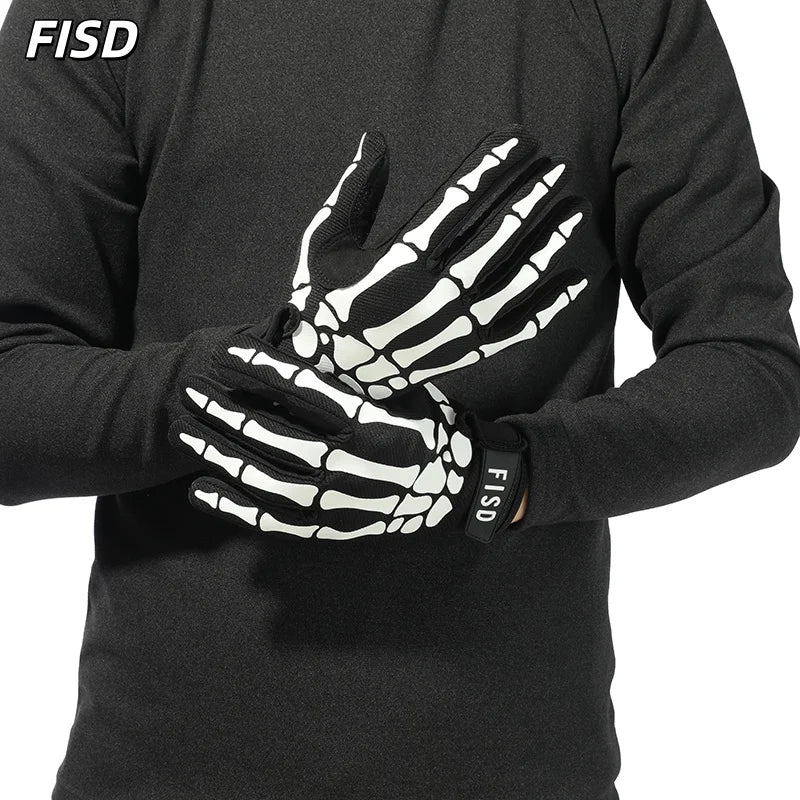 A person wearing a black long-sleeved shirt is demonstrating white tactical grips on their hands.