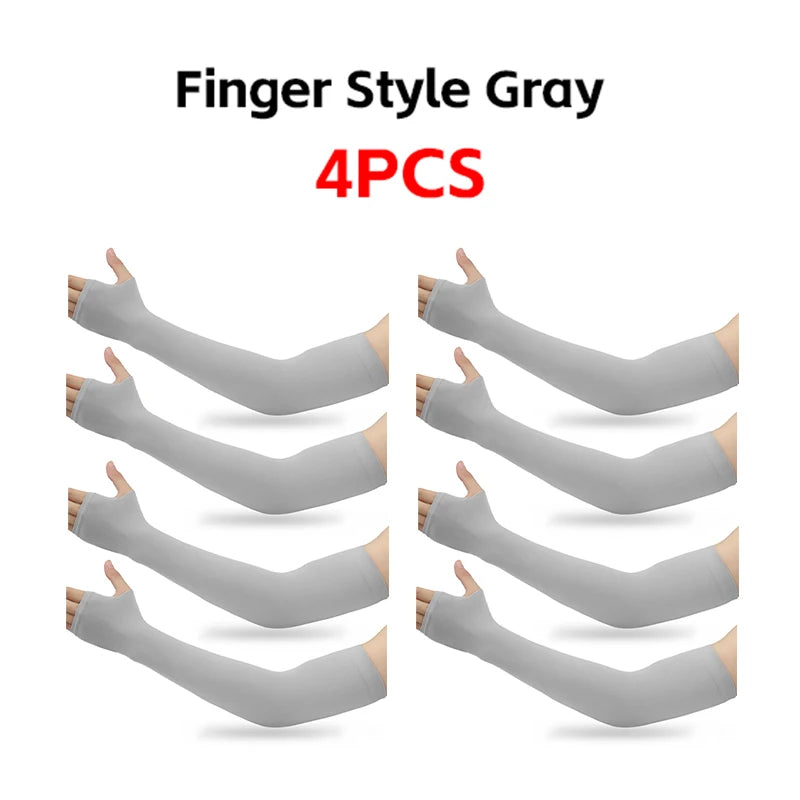 Four finger style gray arm sleeves shown in various angles
