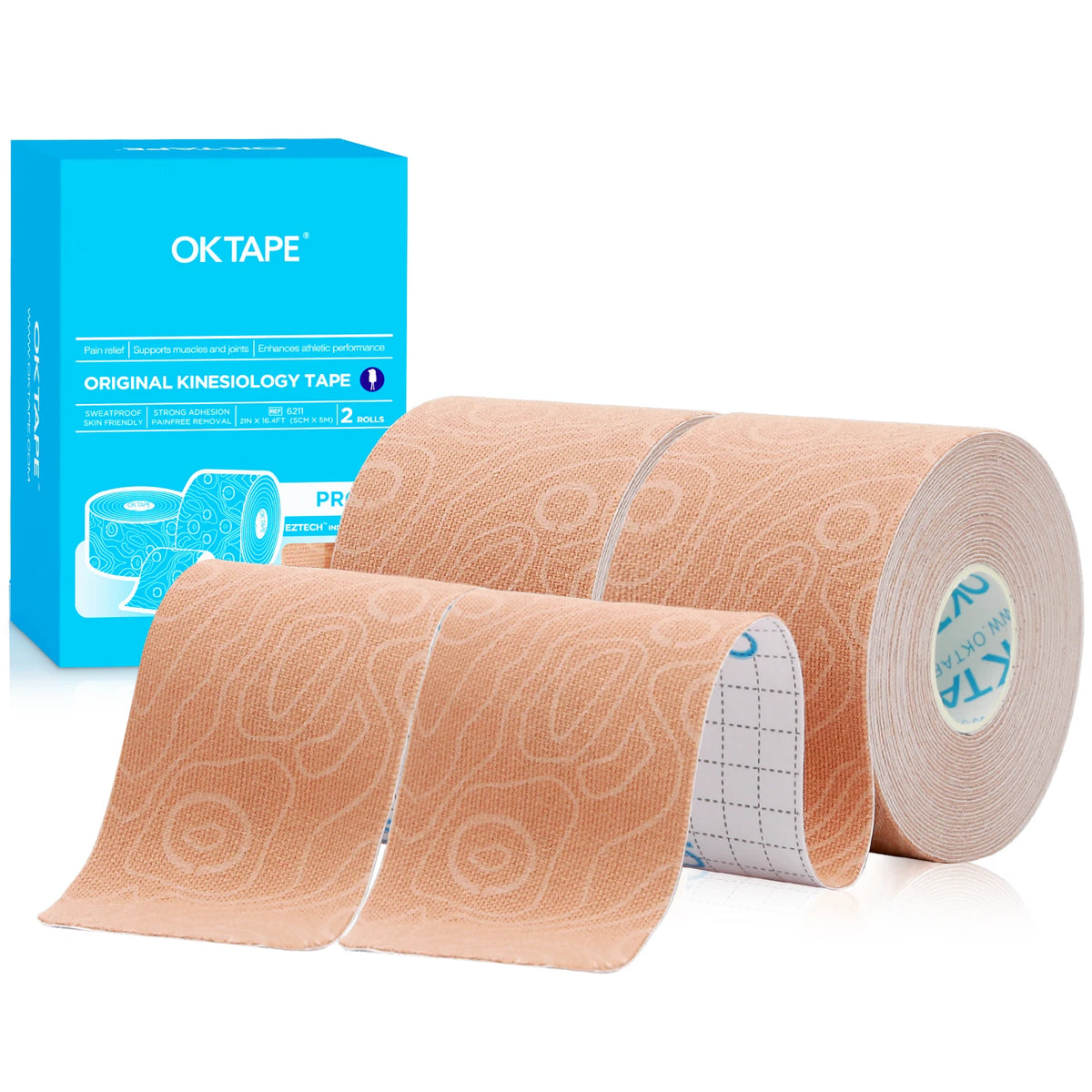Roll of peach colored kinesiology tape next to its packaging box.