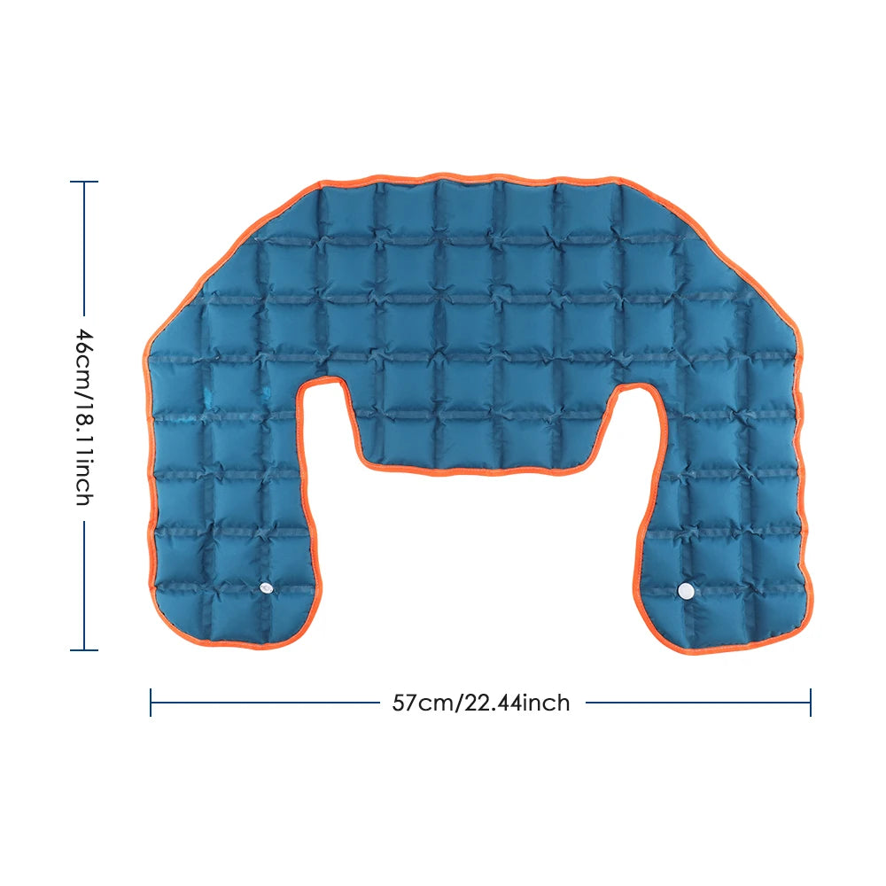 Bolsa reutilizable de calor frío para hombros y cuello azul con ribete naranja.