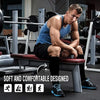 A muscular man wearing black knee-high stockings is sitting on a weight bench in a gym setting.