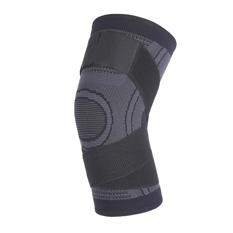 A dark gray adjustable sports knee pad designed for pain relief.