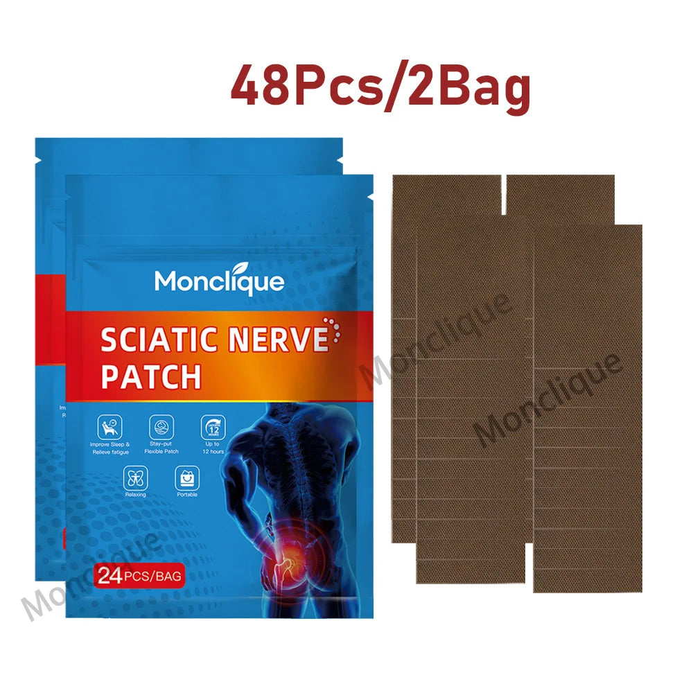 Pack of 48 sciatic nerve patches in a bag with instructions and usage guide.
