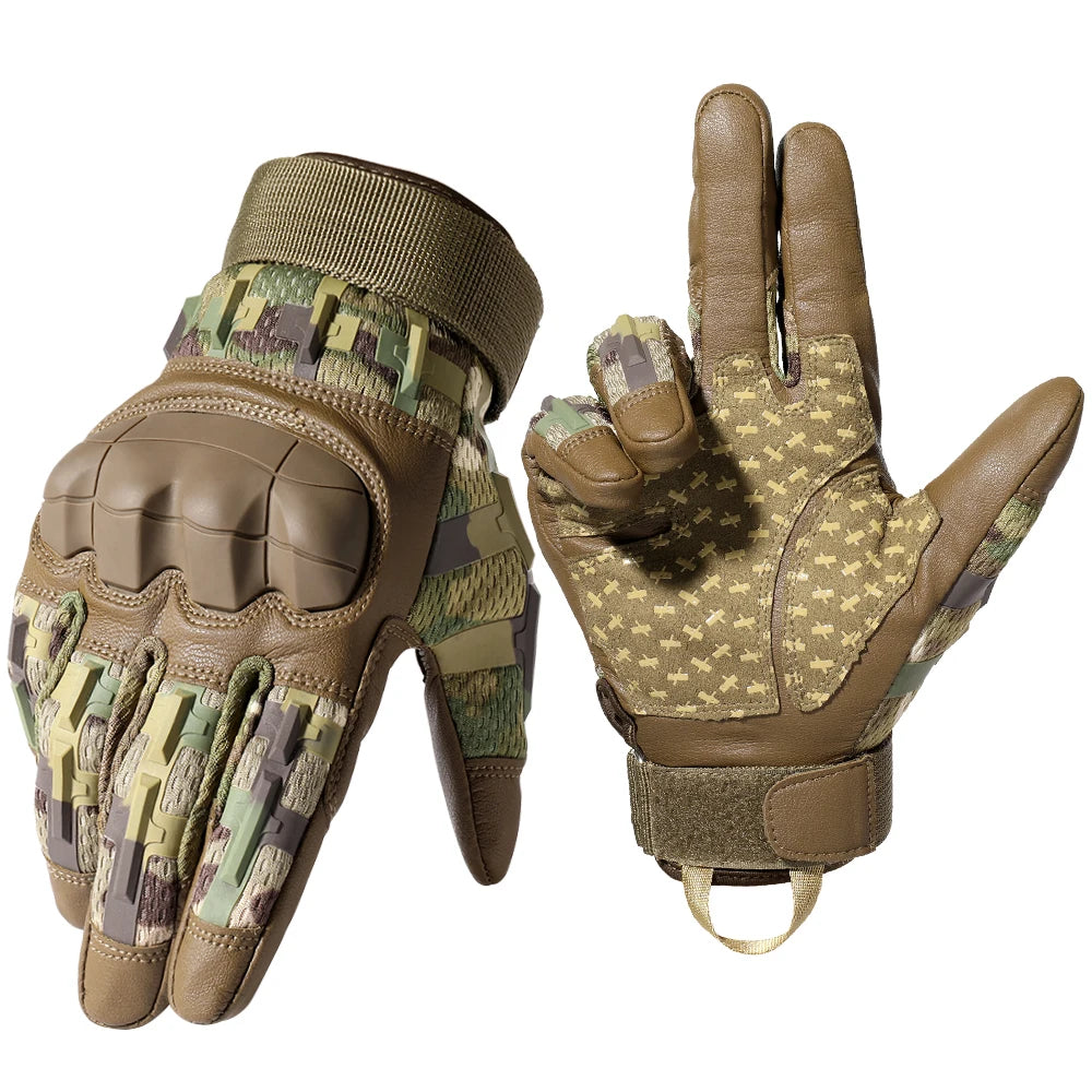 A pair of brown tactical PU leather finger gloves shown from the palm side.