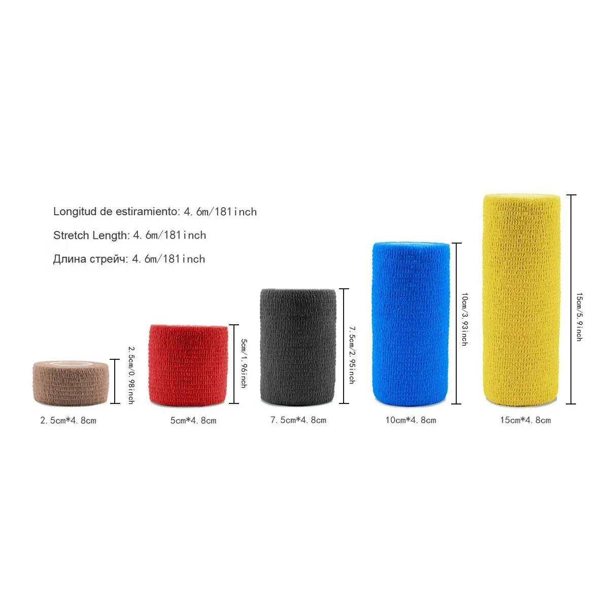 Set of self-adhesive elastic bandage tape in yellow, blue, and black colors with various lengths
