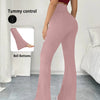 A model wears dusty rose high-waisted yoga leggings with flare details, demonstrating tummy control and bell bottoms.