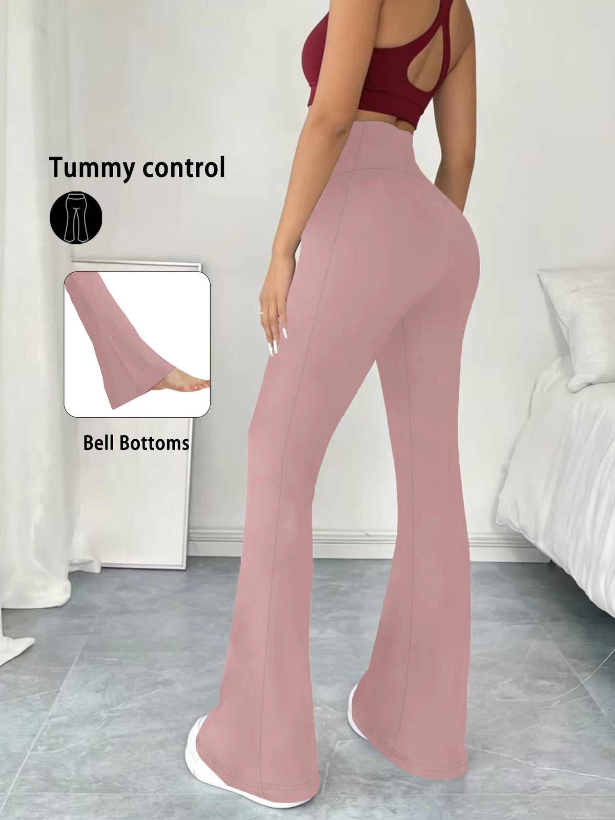 A model wears dusty rose high-waisted yoga leggings with flare details, demonstrating tummy control and bell bottoms.
