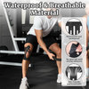 A person demonstrates the use of black kinesiology tape on their knee during exercise.