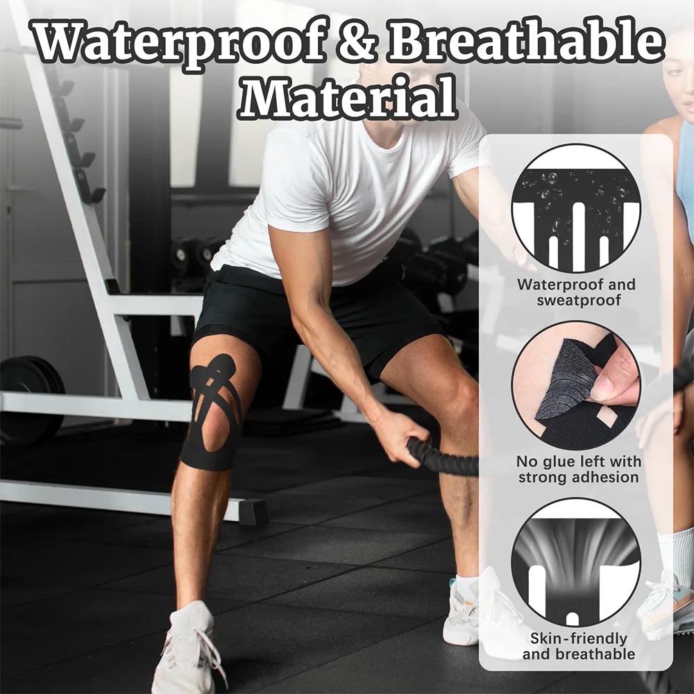 A person demonstrates the use of black kinesiology tape on their knee during exercise.