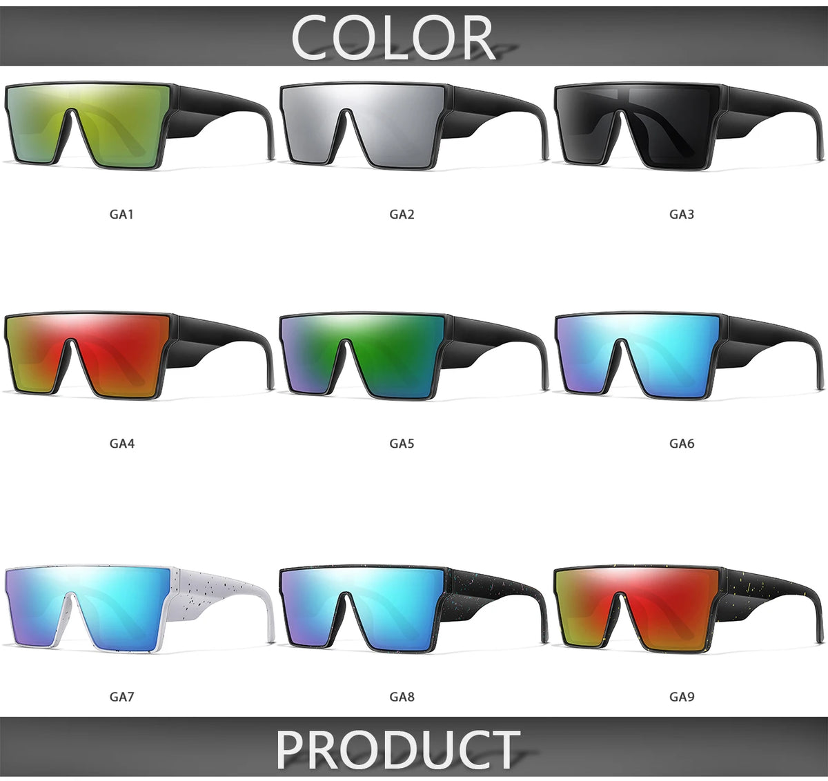 Exhibición de nueve modelos de gafas grandes de diferentes colores, etiquetados GA1 a GA9.
