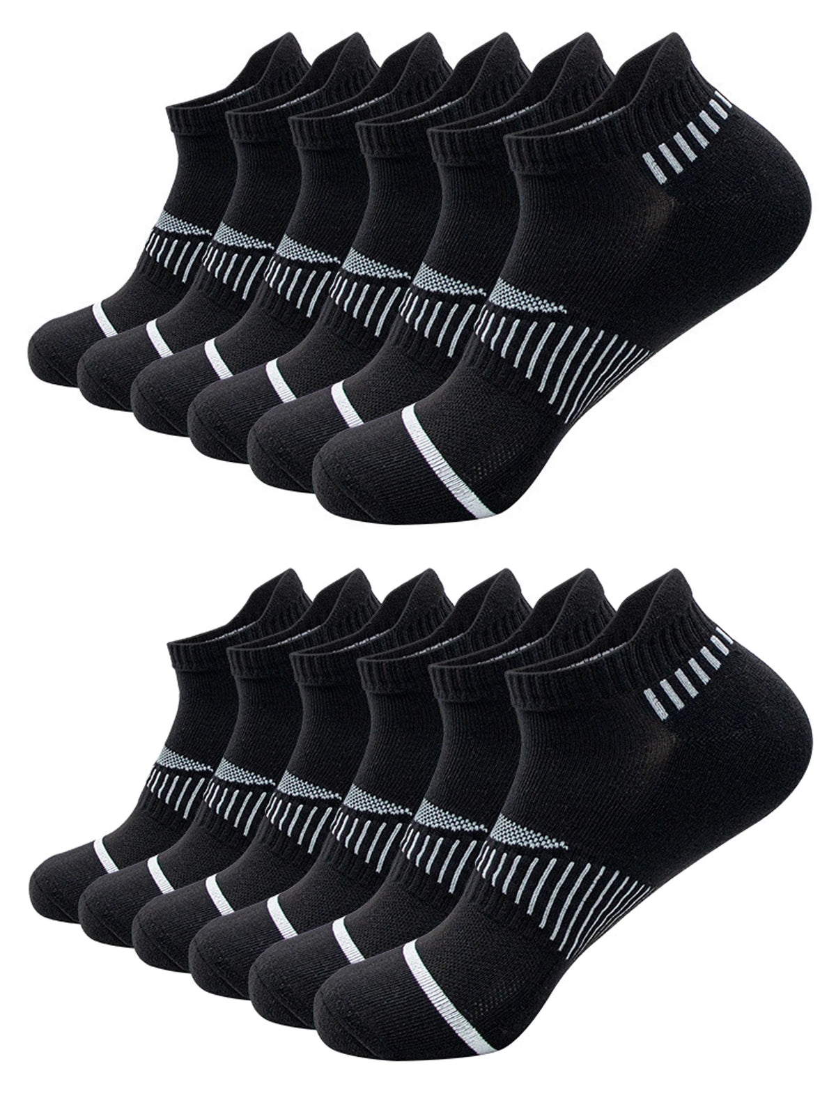 A pack of black crew socks for men with white diagonal stripes.