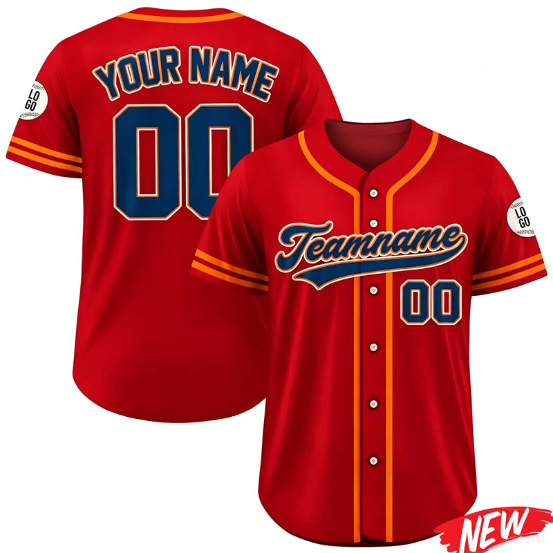 A red personalized men's baseball jersey with blue lettering and a team name on the back and front.