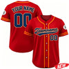 A red personalized men's baseball jersey with blue lettering and a team name on the back and front.