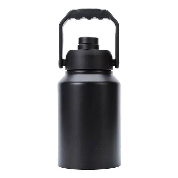 Black insulated stainless steel thermos flask with a handle