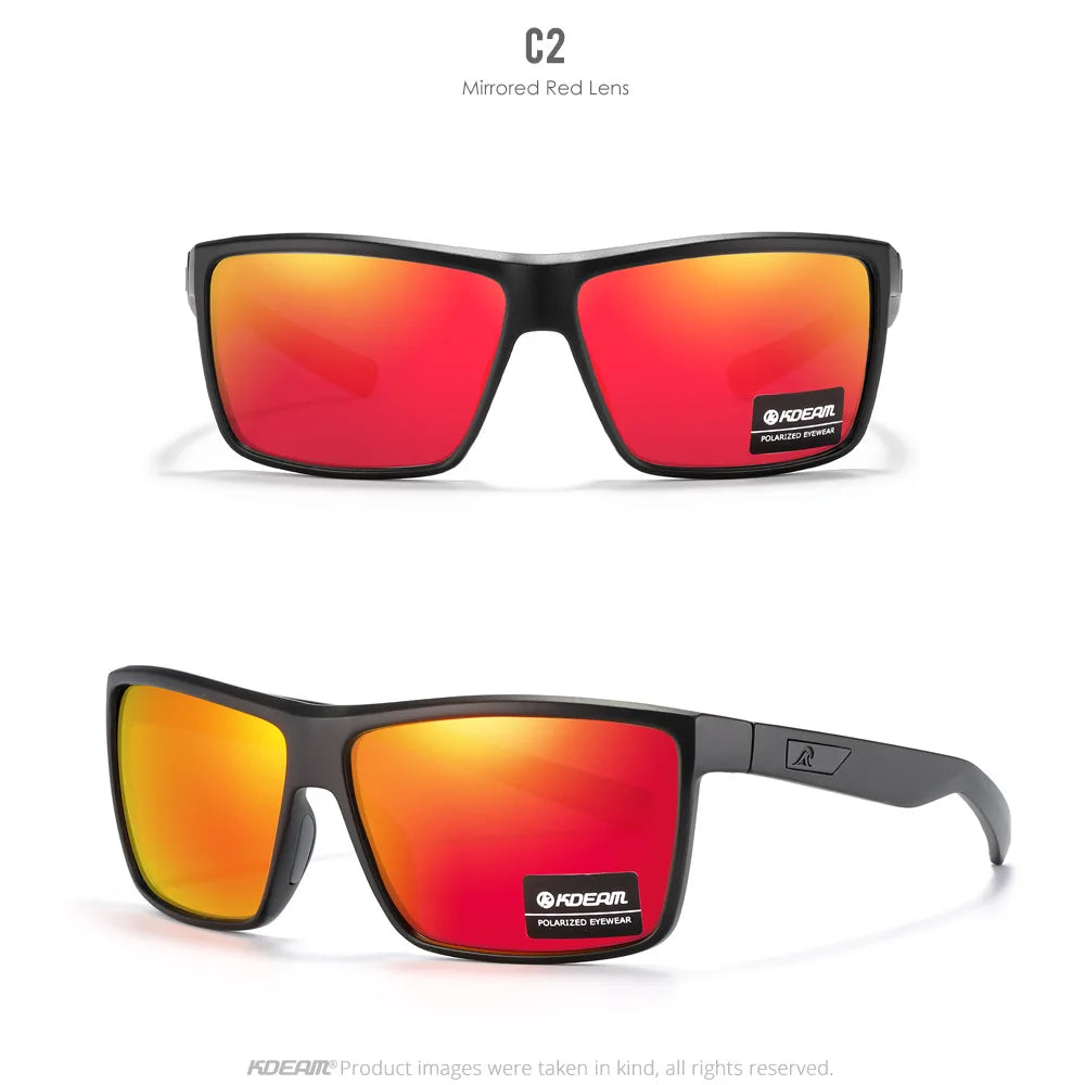 A pair of orange-tinted polarized rectangle sunglasses with black frames.