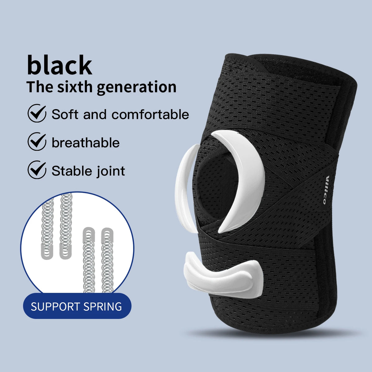 Black sixth generation elastic knee pads with support springs shown on a gray background.