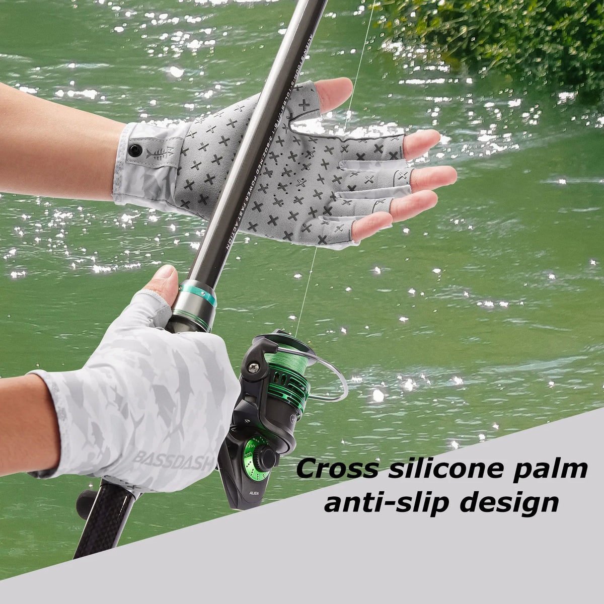 A hand wearing cross silicone palm anti-slip design gloves is holding a fishing rod over green water.