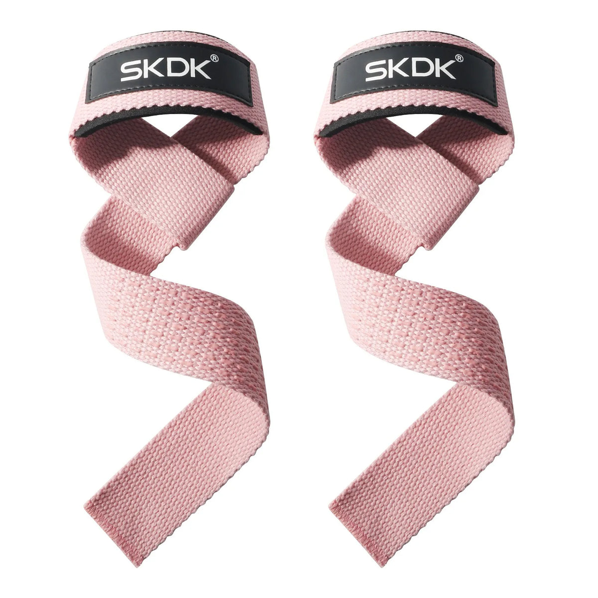 Pair of pink SKDK gym weightlifting straps for deadlifts