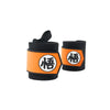 Orange and black heavy-duty weightlifting wrist straps with Japanese characters
