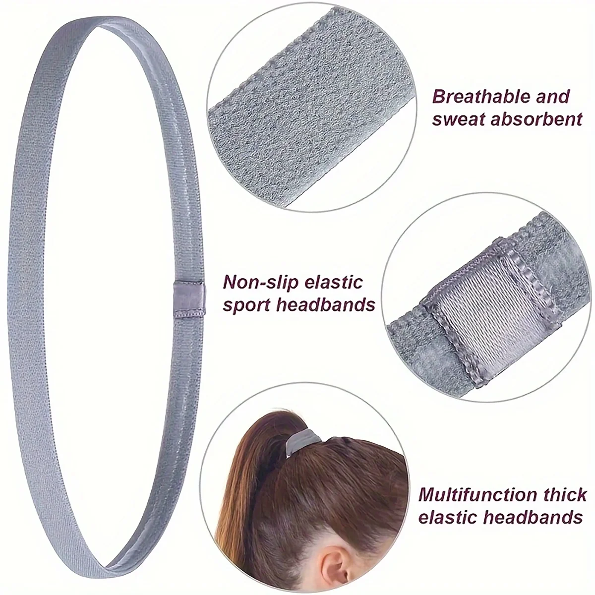 A gray non-slip elastic sport headband shown in various views, highlighting its breathable and sweat-absorbent features.