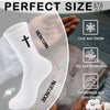 A white knit mid-calf sports sock is shown next to a measuring guide detailing its size and features like being cool, gentle,