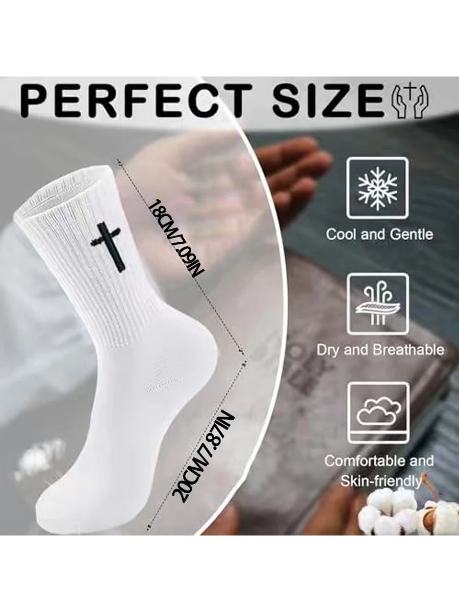 A white knit mid-calf sports sock is shown next to a measuring guide detailing its size and features like being cool, gentle,