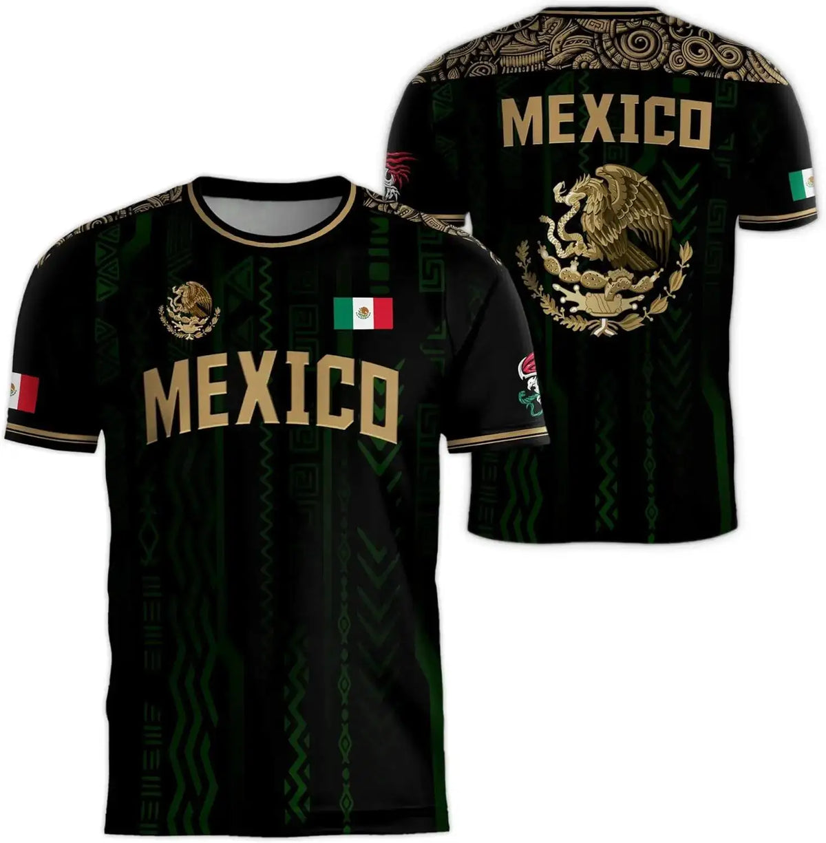 Black men's graphic t-shirt featuring the Mexican flag and national symbols on the back.