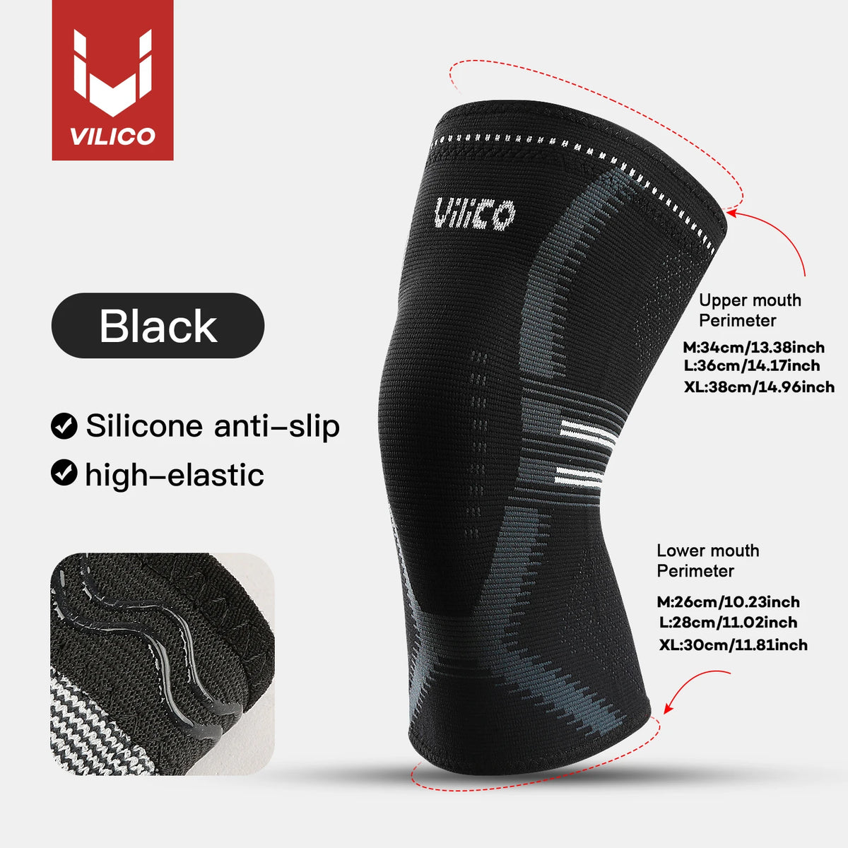 Black Vilico compression knee support sleeve shown on a model's leg.