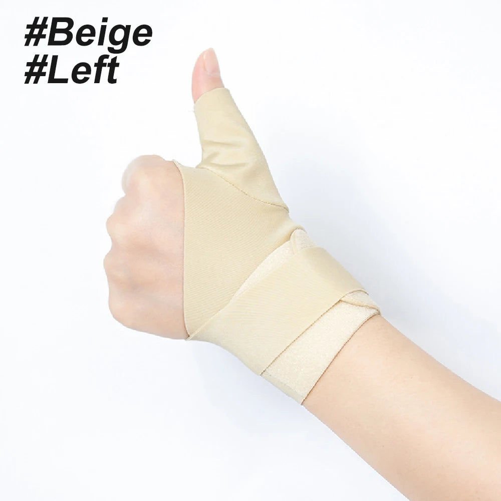A beige adjustable thumb wrist support brace worn on the left hand.