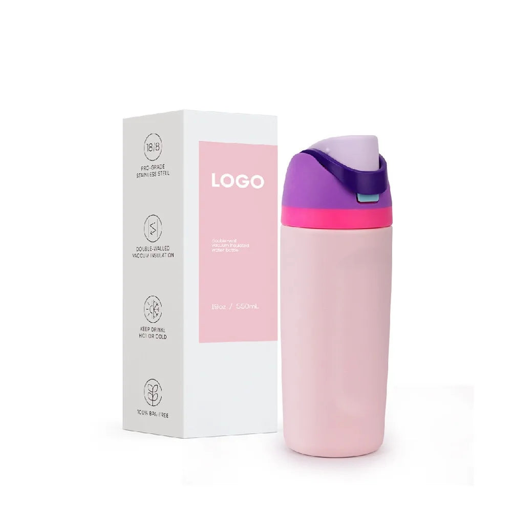 A pink stainless steel insulated fitness cup with a purple lid and straw is shown next to its packaging box.