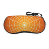 Orange spider web patterned eyeglass pouch with a black strap
