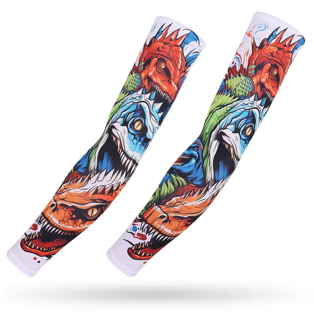Arm sleeves featuring a vibrant design of fierce tigers and jungle foliage for sun and heat protection