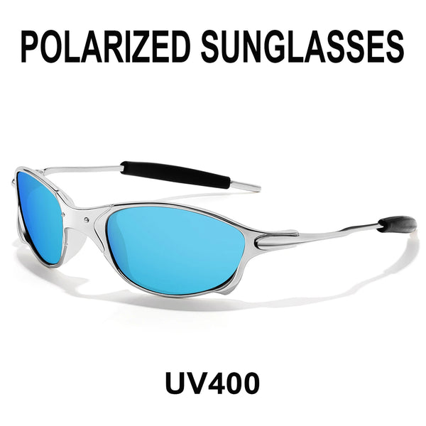 A pair of bright blue polarized sunglasses with a silver metal frame and black temple, shown against a white background.