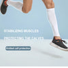 A person wearing grey athletic shorts and white socks is shown performing a movement, highlighting knitted calf protection.