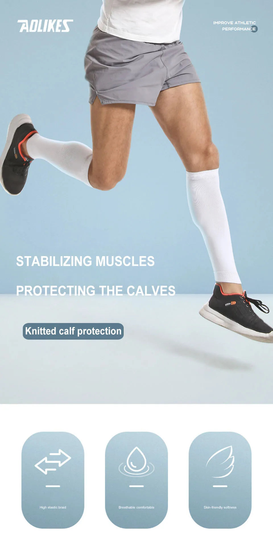 A person wearing grey athletic shorts and white socks is shown performing a movement, highlighting knitted calf protection.