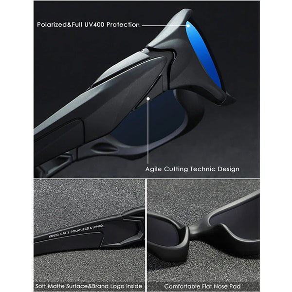 A black polarized sports sunglass featuring an agile cutting design and a comfortable flat nose pad.
